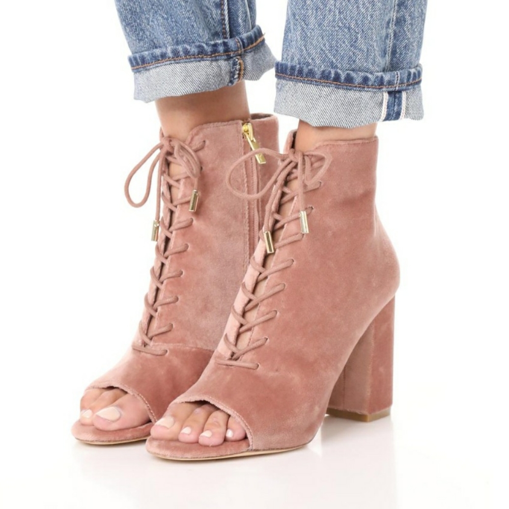 Joie Light Blush Peep Toe Velvet Lace Up Booties Size 39 1/2 (US 9.5)